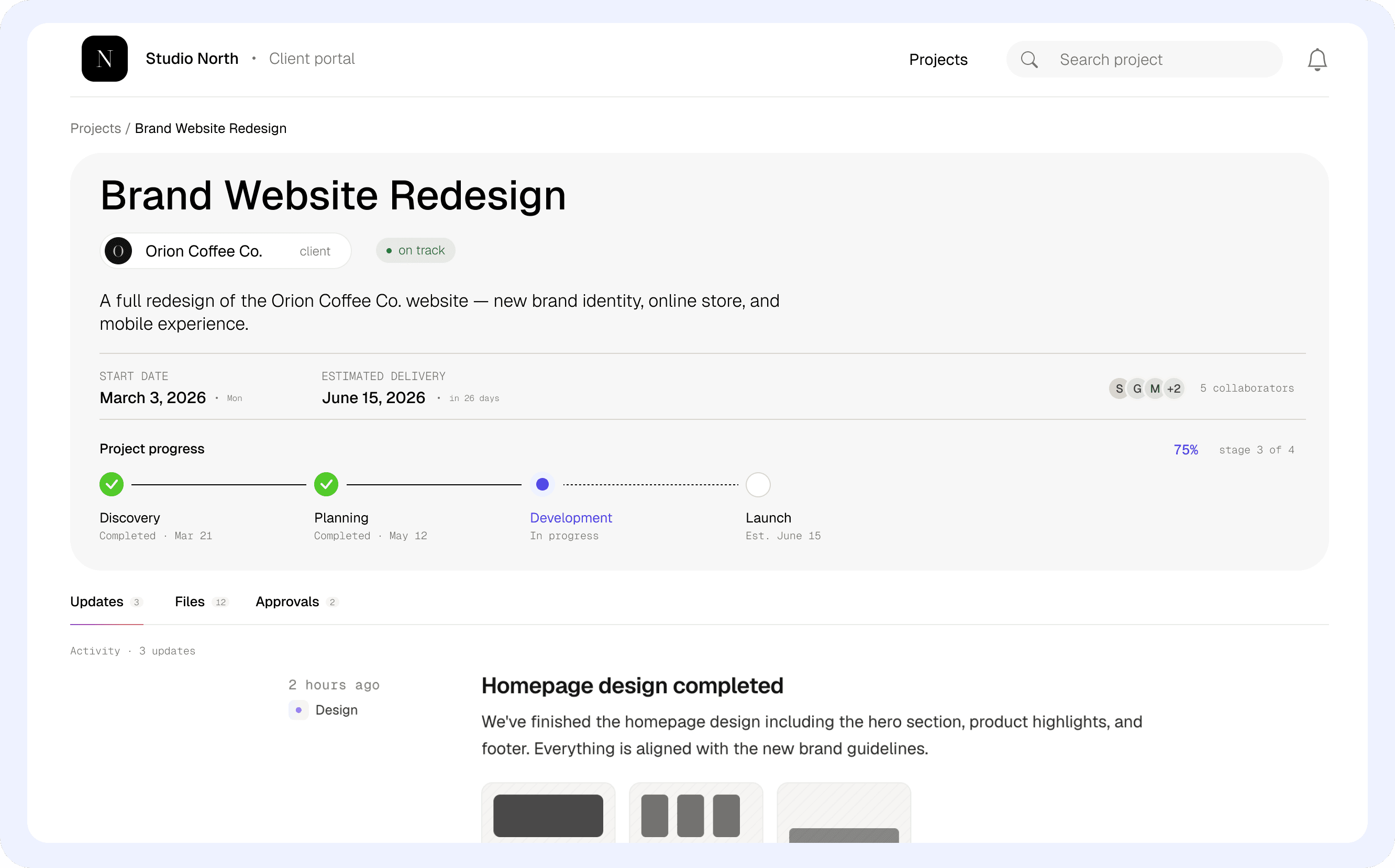 Glimse client portal showing project progress and updates